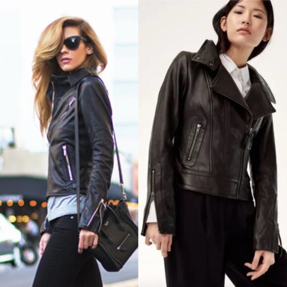 Mackage Leather Jacket Moto Black Pebble Cropped Genuine Sleevs Biker Lamb XS - Picture 1 of 13